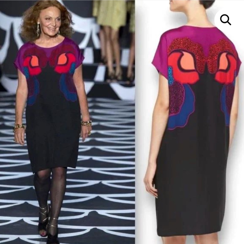 Diane Von Furstenberg Black Midi Dress with Fuchsia, Red and Blue Abstract Print